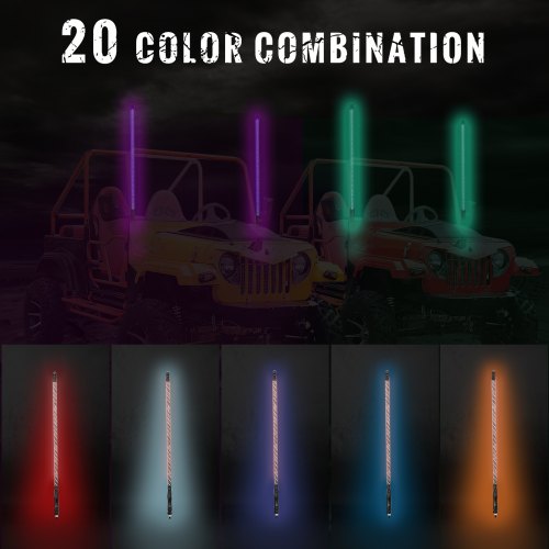VEVOR 2PC 3FT 360°Espiral LED Whip Lights RGB Color Lighted Whips para UTV ATV 21 modos, 20 colores, 5 niveles, resistente a la intemperie, Off-Road Whip RF inalámbrico remoto para UTV ATV Polaris Accesorios RZR