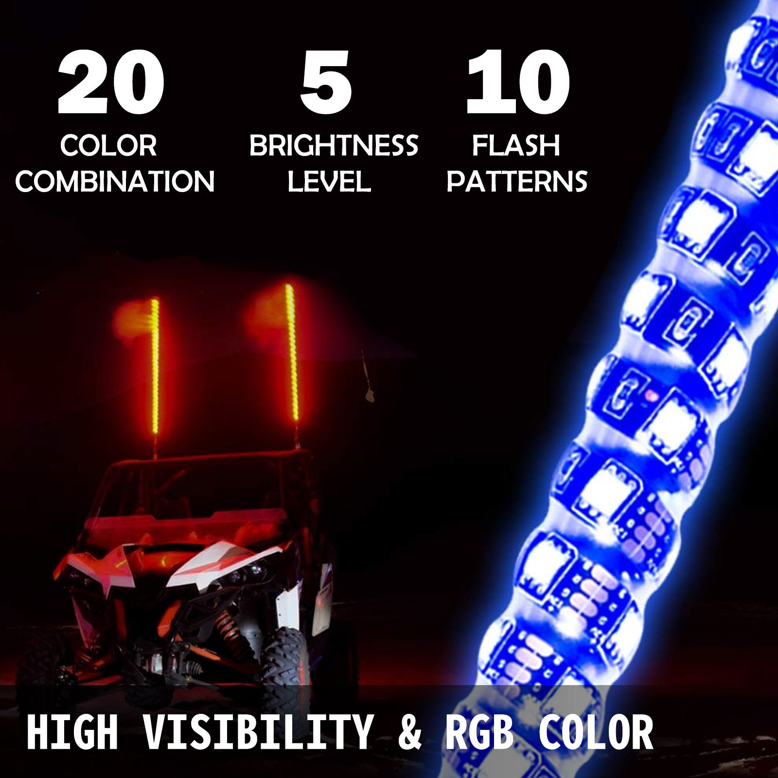 VEVOR 2PC 3FT 360°Espiral LED Whip Lights RGB Color Lighted Whips para UTV ATV 21 modos, 20 colores, 5 niveles, resistente a la intemperie, Off-Road Whip RF inalámbrico remoto para UTV ATV Polaris Accesorios RZR