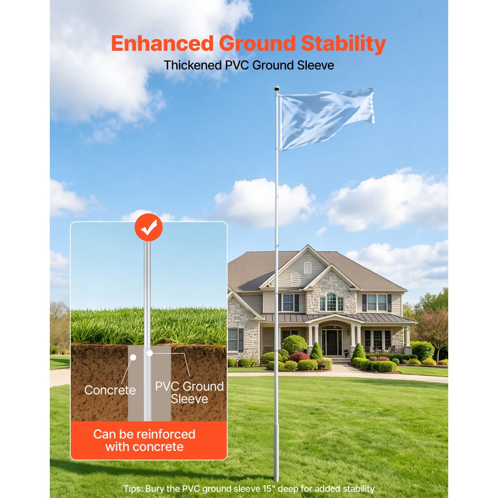 VEVOR Mástil de Bandera Telescópico para Exterior 6,09 m Asta para Bandera, Estructura de Aluminio, Base de Fijación, Kit Completo de Instalación, para Fiesta Eventos Actividades Comercial, Plateado