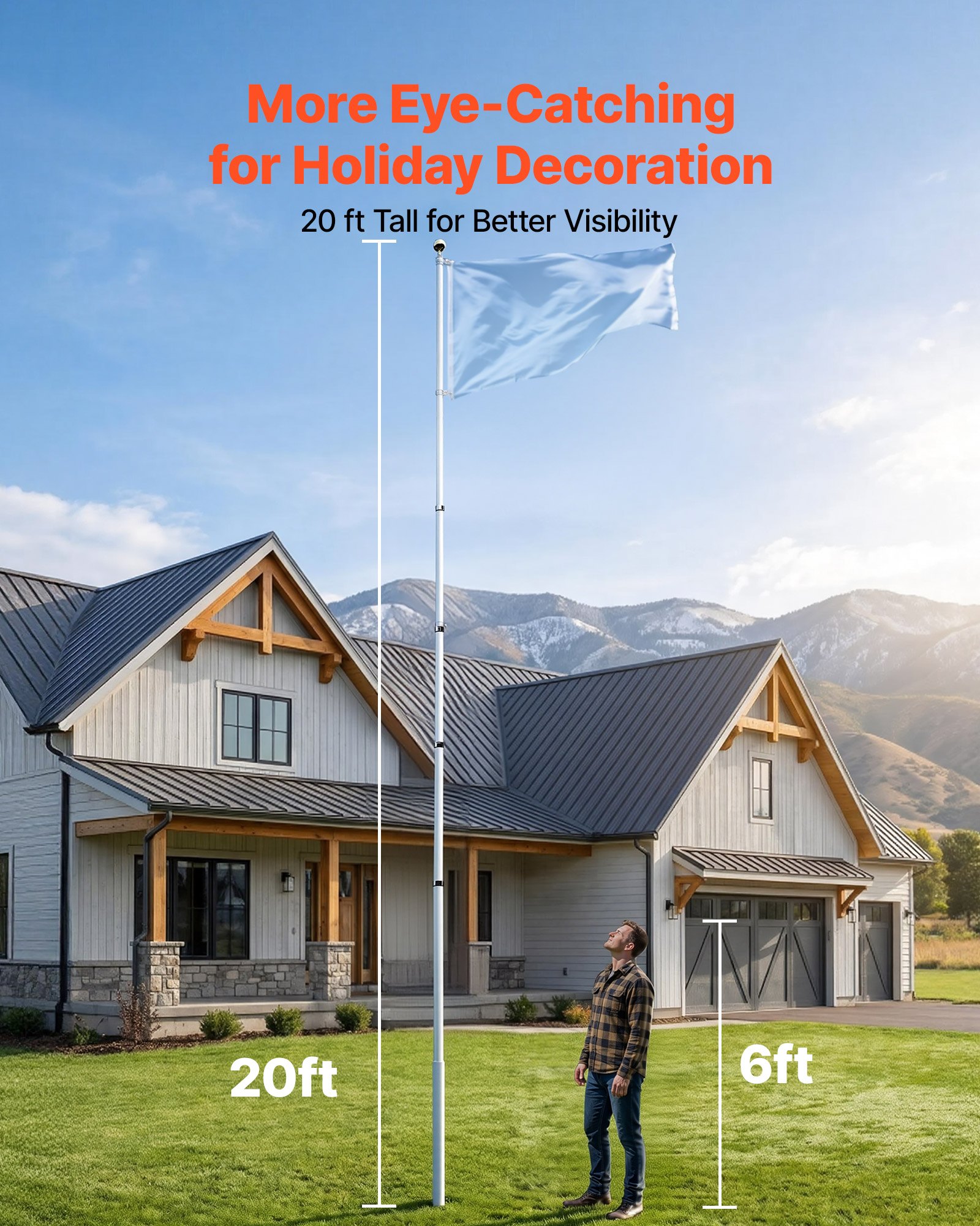 VEVOR Mástil de Bandera Telescópico para Exterior 6,09 m Asta para Bandera, Estructura de Aluminio, Base de Fijación, Kit Completo de Instalación, para Fiesta Eventos Actividades Comercial, Plateado