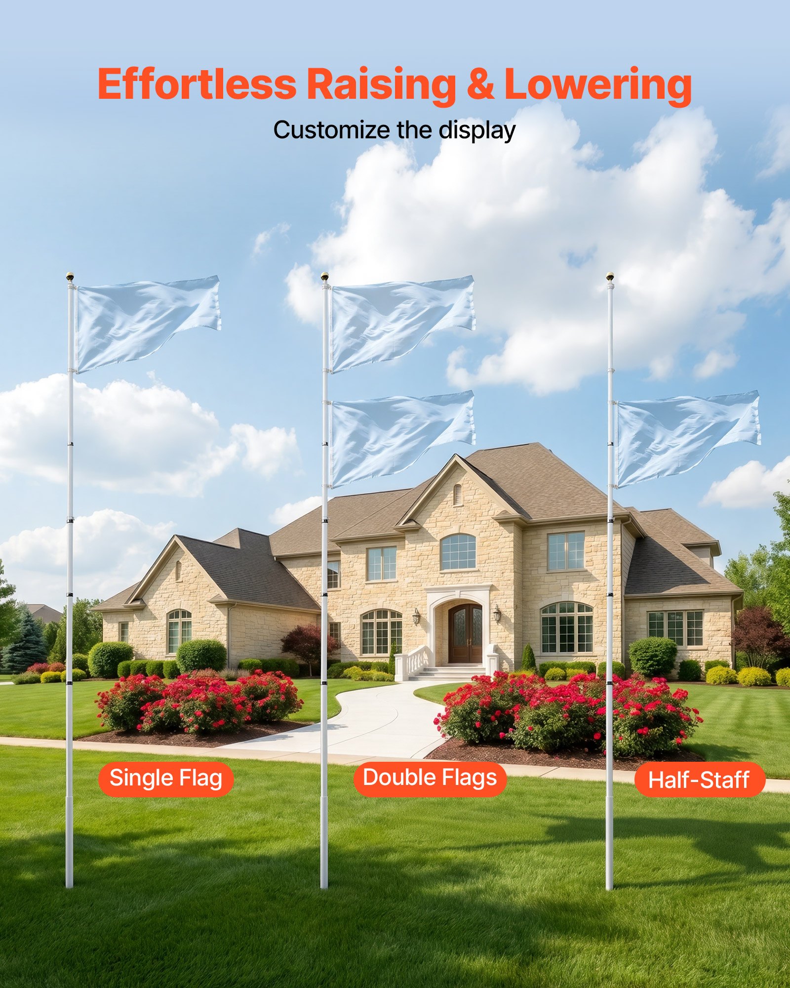 VEVOR Mástil de Bandera Telescópico para Exterior 6,09 m Asta para Bandera, Estructura de Aluminio, Base de Fijación, Kit Completo de Instalación, para Fiesta Eventos Actividades Comercial, Plateado