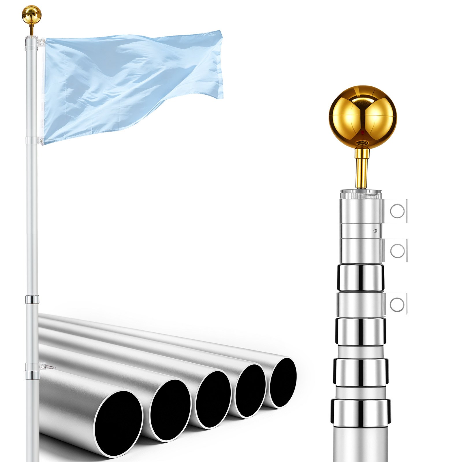VEVOR Mástil de Bandera Telescópico para Exterior 6,09 m Asta para Bandera, Estructura de Aluminio, Base de Fijación, Kit Completo de Instalación, para Fiesta Eventos Actividades Comercial, Plateado