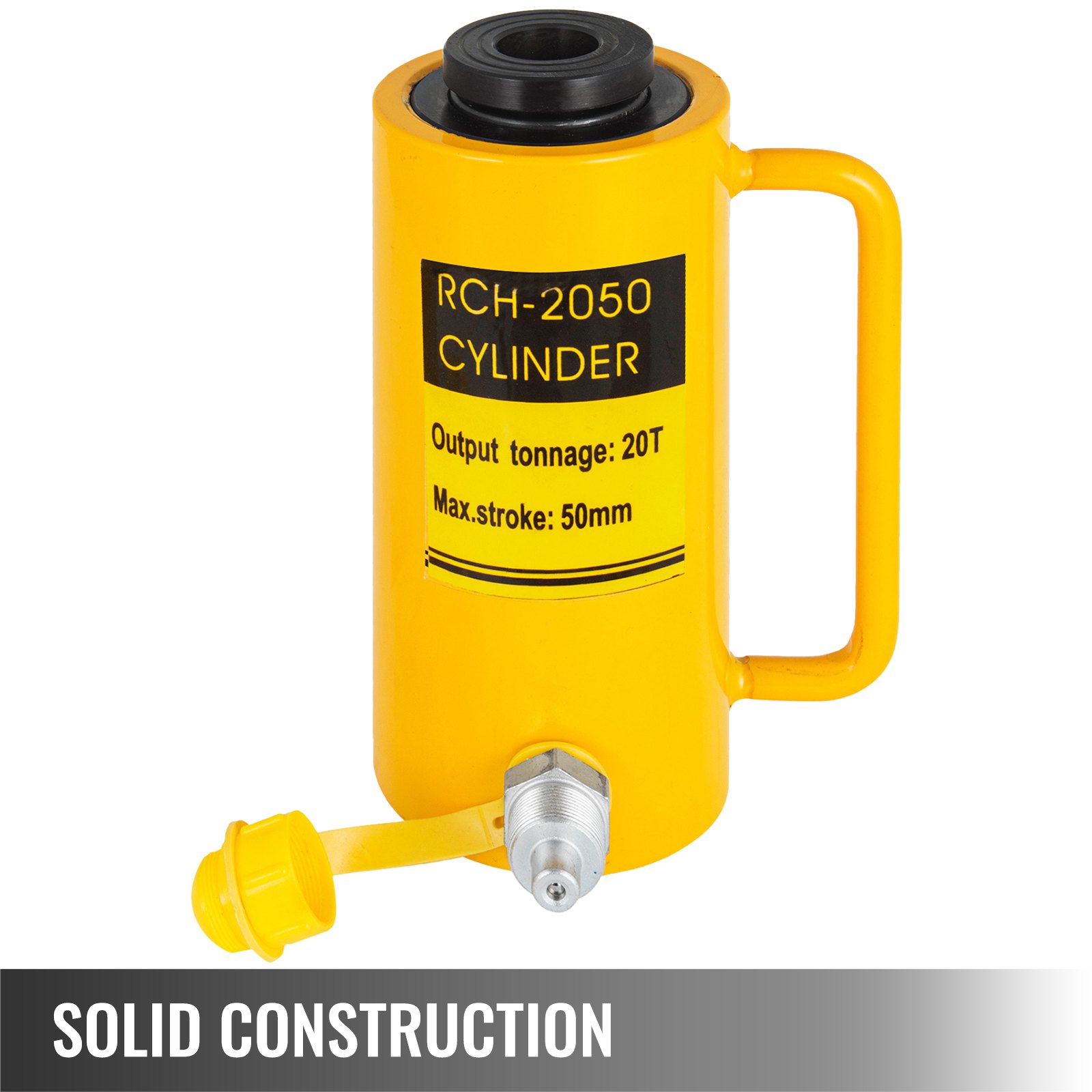 Gato hidráulico de cilindro amarillo VEVOR, capacidad de salida de 20 t, carrera máxima de 50 mm. Construcción sólida.