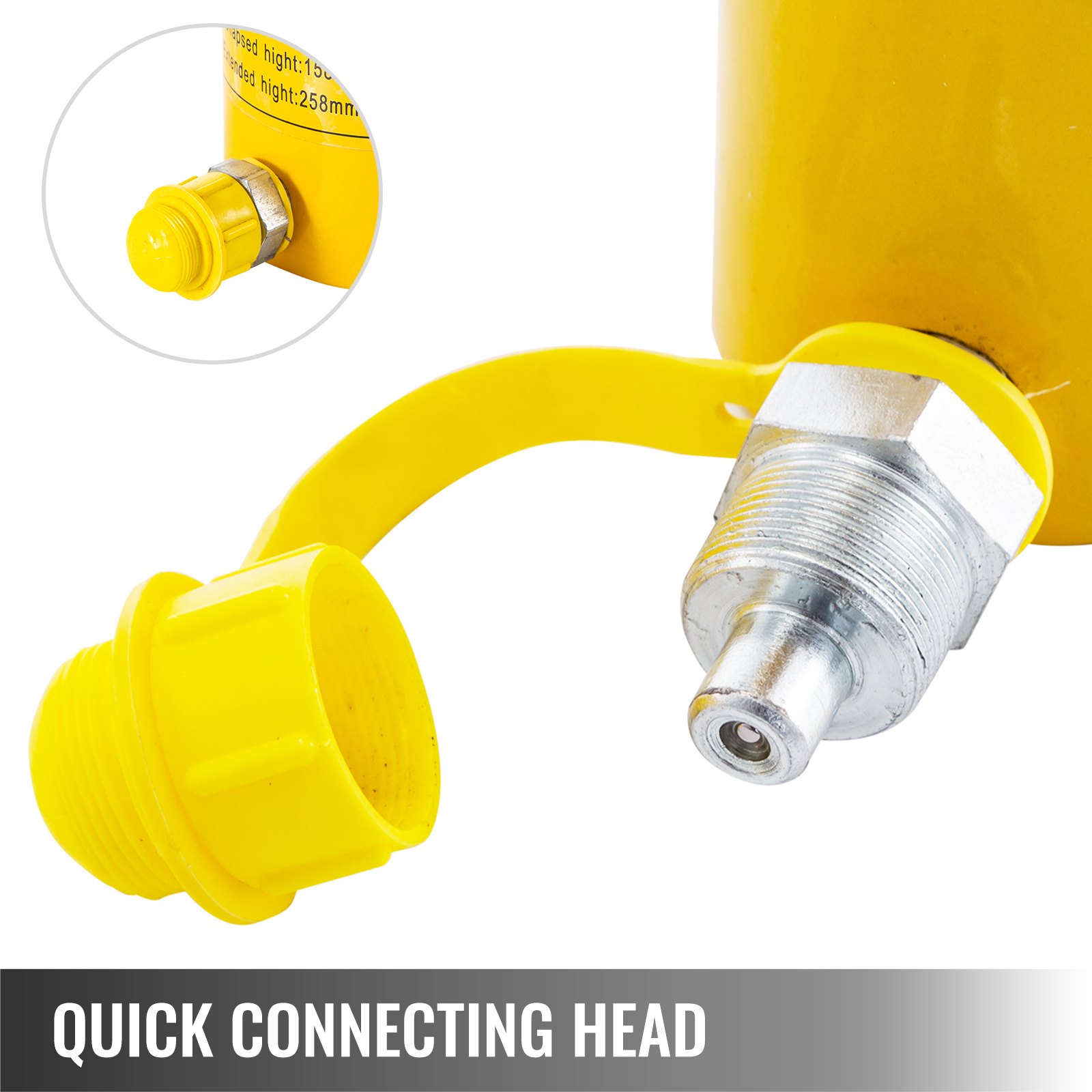 Cabezal de conexión rápida de gato hidráulico VEVOR en color amarillo con conector metálico.