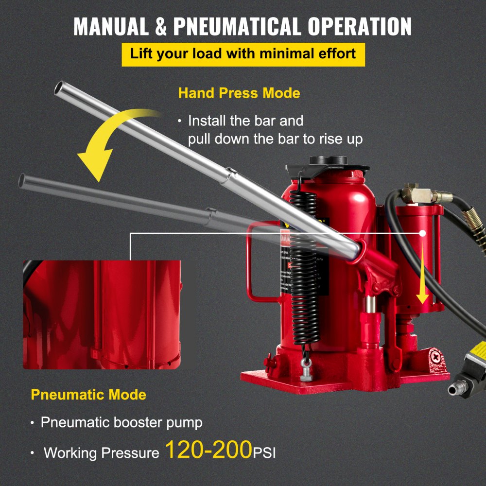 VEVOR Gato hidráulico de botella de aire, 20 toneladas/44092 libras de capacidad, con bomba de mano manual, elevador de reparación de remolque de viaje de camión de servicio pesado, rojo