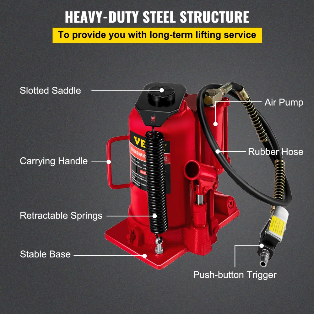 VEVOR Gato hidráulico de botella de aire, 20 toneladas/44092 libras de capacidad, con bomba de mano manual, elevador de reparación de remolque de viaje de camión de servicio pesado, rojo