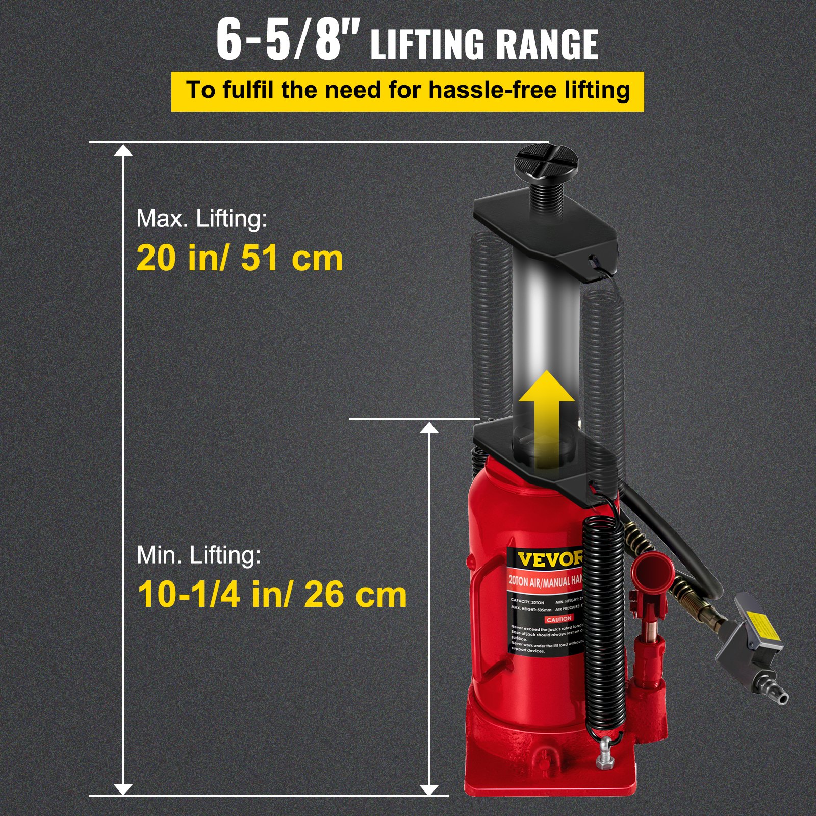 VEVOR Gato hidráulico de botella de aire, 20 toneladas/44092 libras de capacidad, con bomba de mano manual, elevador de reparación de remolque de viaje de camión de servicio pesado, rojo