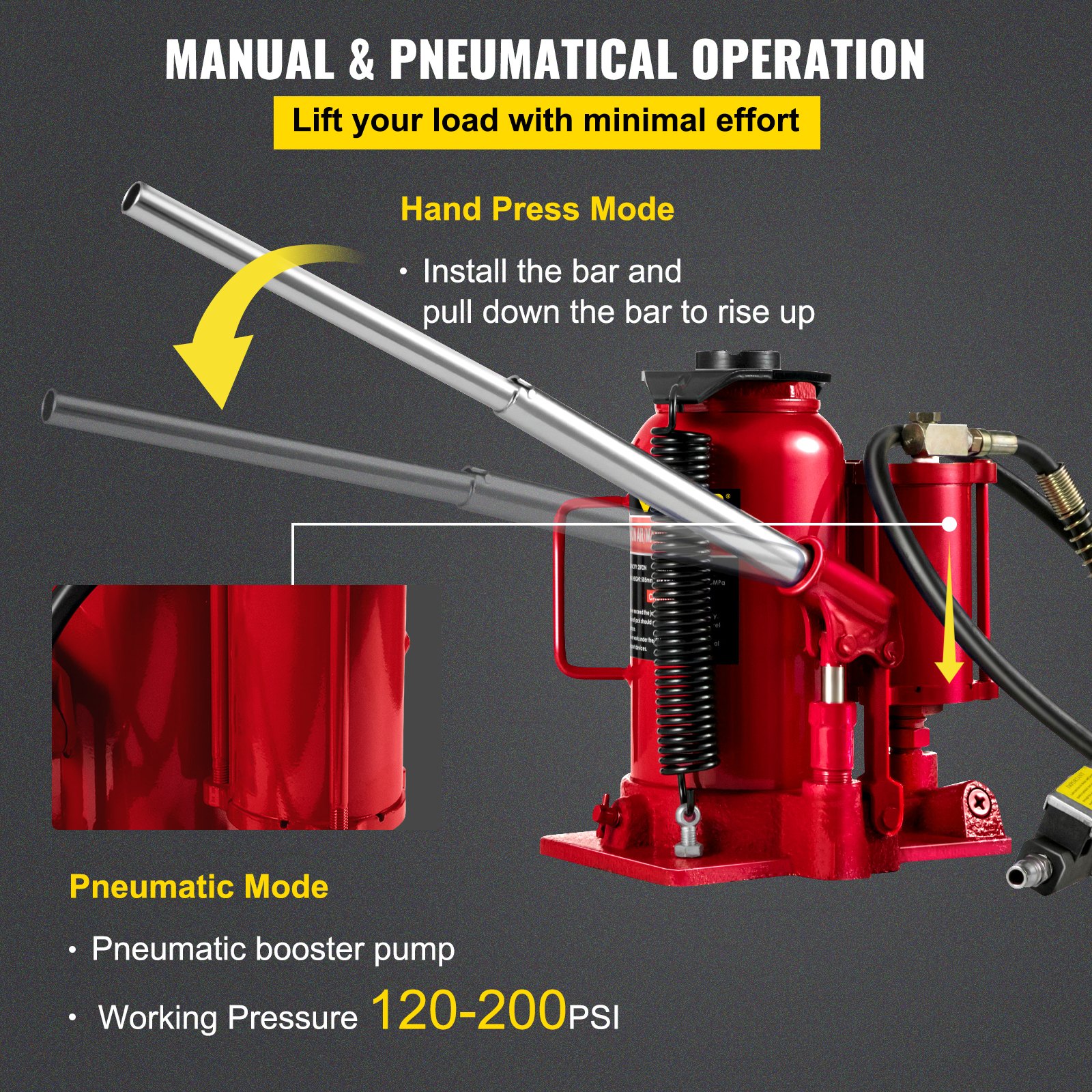 VEVOR Gato hidráulico de botella de aire, 20 toneladas/44092 libras de capacidad, con bomba de mano manual, elevador de reparación de remolque de viaje de camión de servicio pesado, rojo