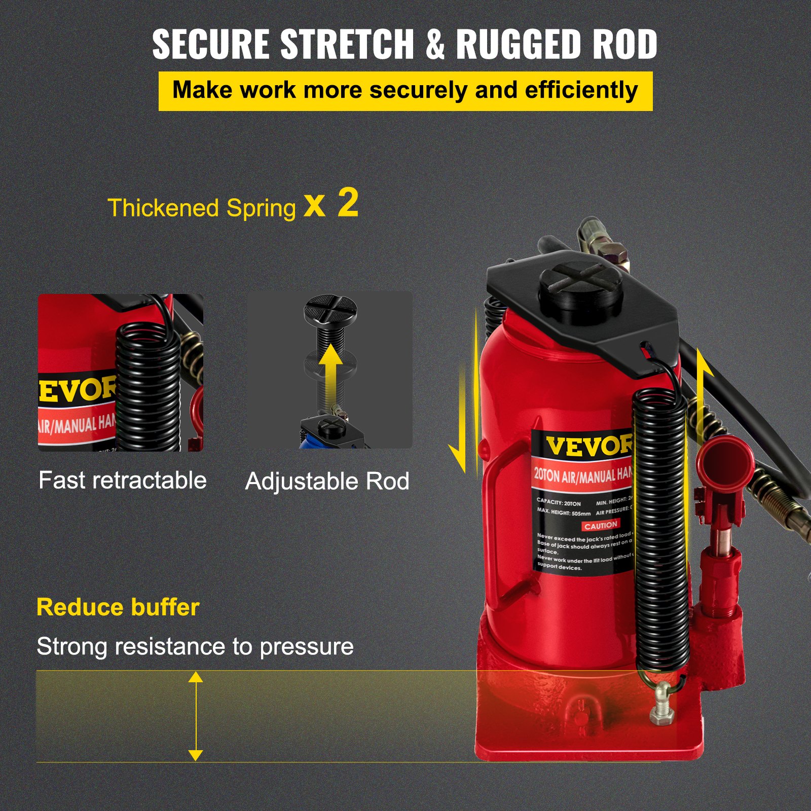 VEVOR Gato hidráulico de botella de aire, 20 toneladas/44092 libras de capacidad, con bomba de mano manual, elevador de reparación de remolque de viaje de camión de servicio pesado, rojo