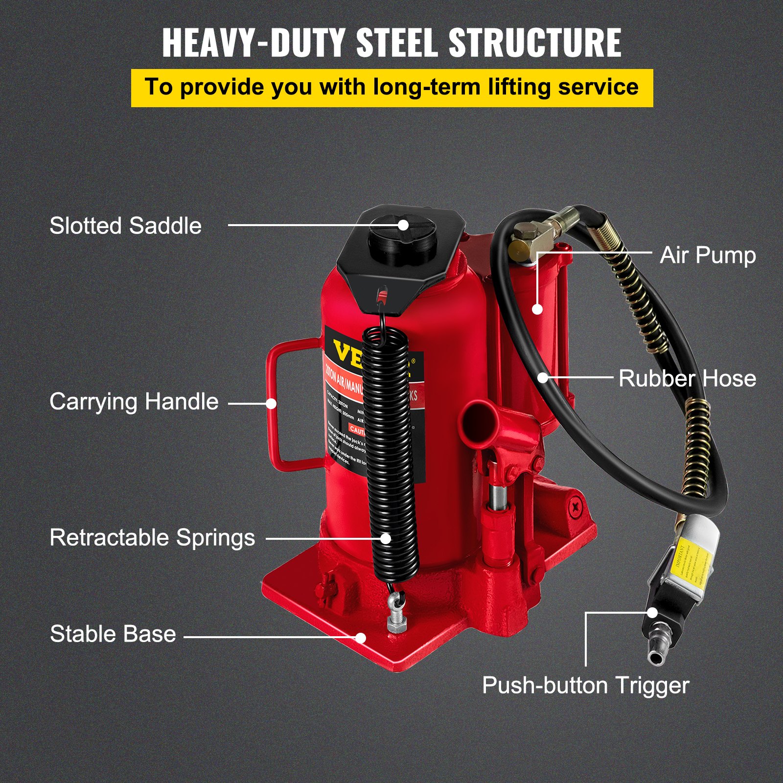 VEVOR Gato hidráulico de botella de aire, 20 toneladas/44092 libras de capacidad, con bomba de mano manual, elevador de reparación de remolque de viaje de camión de servicio pesado, rojo