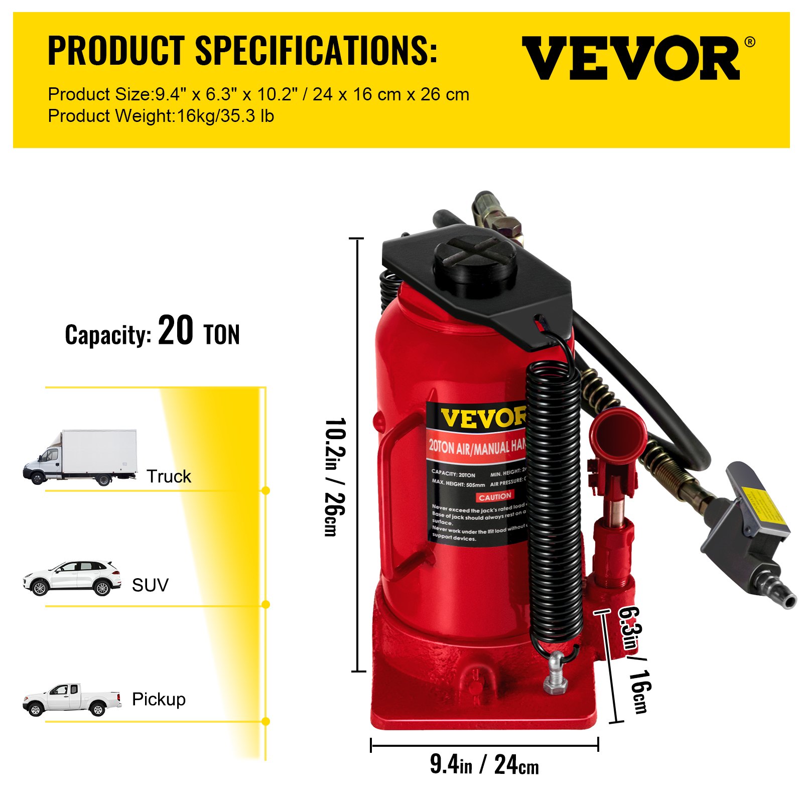 VEVOR Gato hidráulico de botella de aire, 20 toneladas/44092 libras de capacidad, con bomba de mano manual, elevador de reparación de remolque de viaje de camión de servicio pesado, rojo