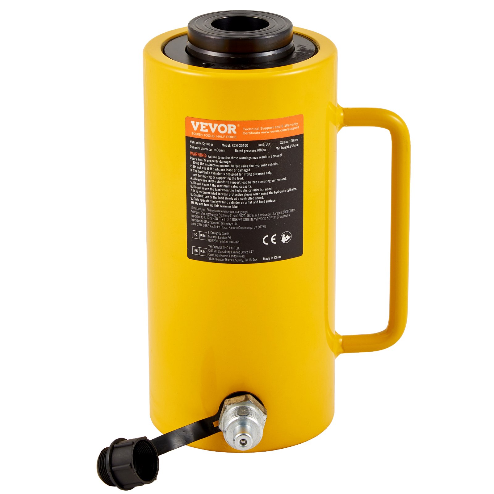 VEVOR 30Ton 4 pulgadas carrera hueco cilindro hidráulico Jack 66000LBS cilindro de elevación Industrial resistente autoflexión
