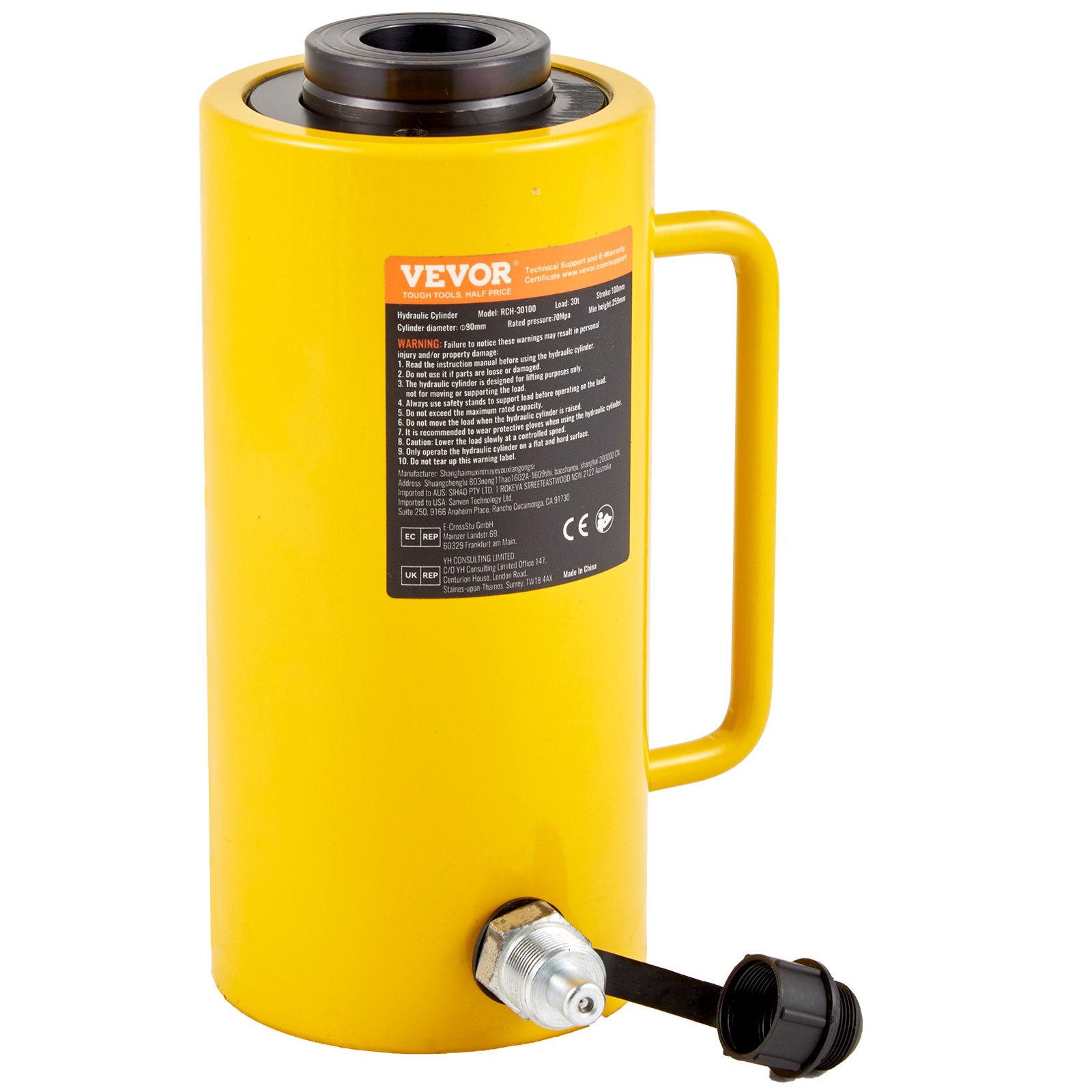 VEVOR 30Ton 4 pulgadas carrera hueco cilindro hidráulico Jack 66000LBS cilindro de elevación Industrial resistente autoflexión