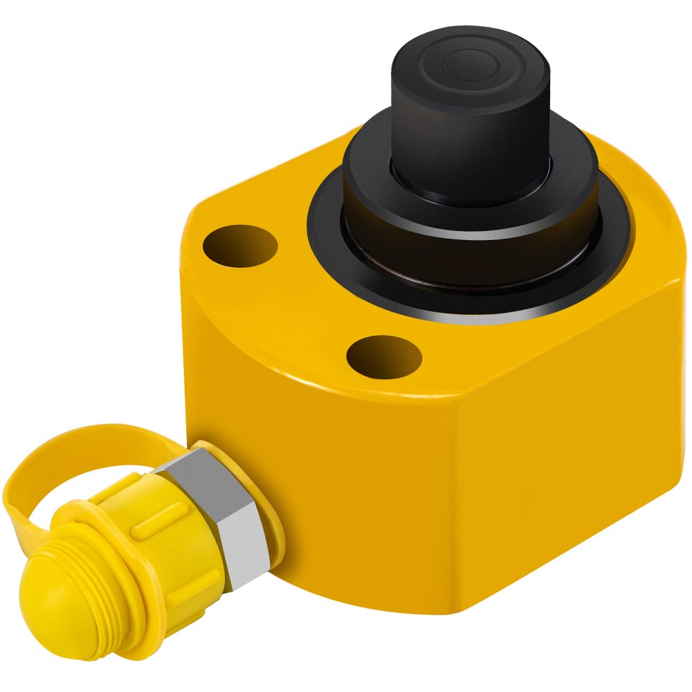 Cilindro hidráulico VEVOR amarillo con pistón negro y boquilla tapada.