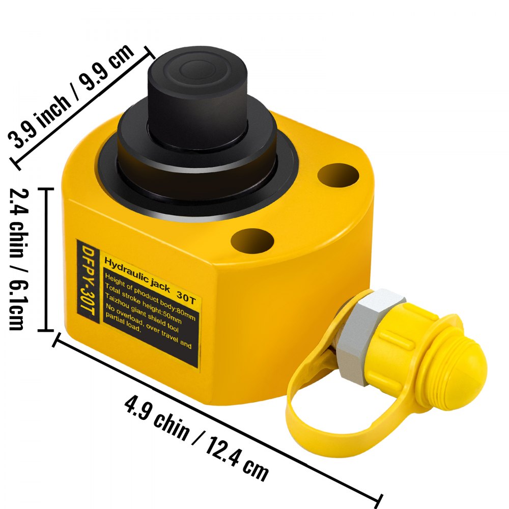 Cilindro hidráulico VEVOR amarillo con dimensiones: 3,9 x 2,4 x 4,9 pulgadas, capacidad de 30 t.