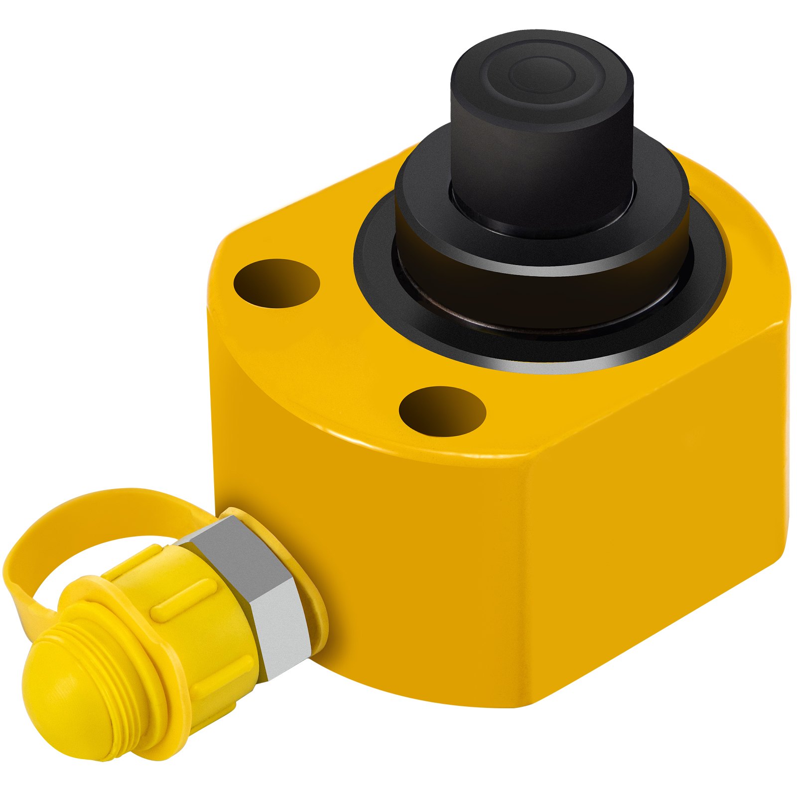 Cilindro hidráulico VEVOR amarillo con pistón negro y boquilla tapada.