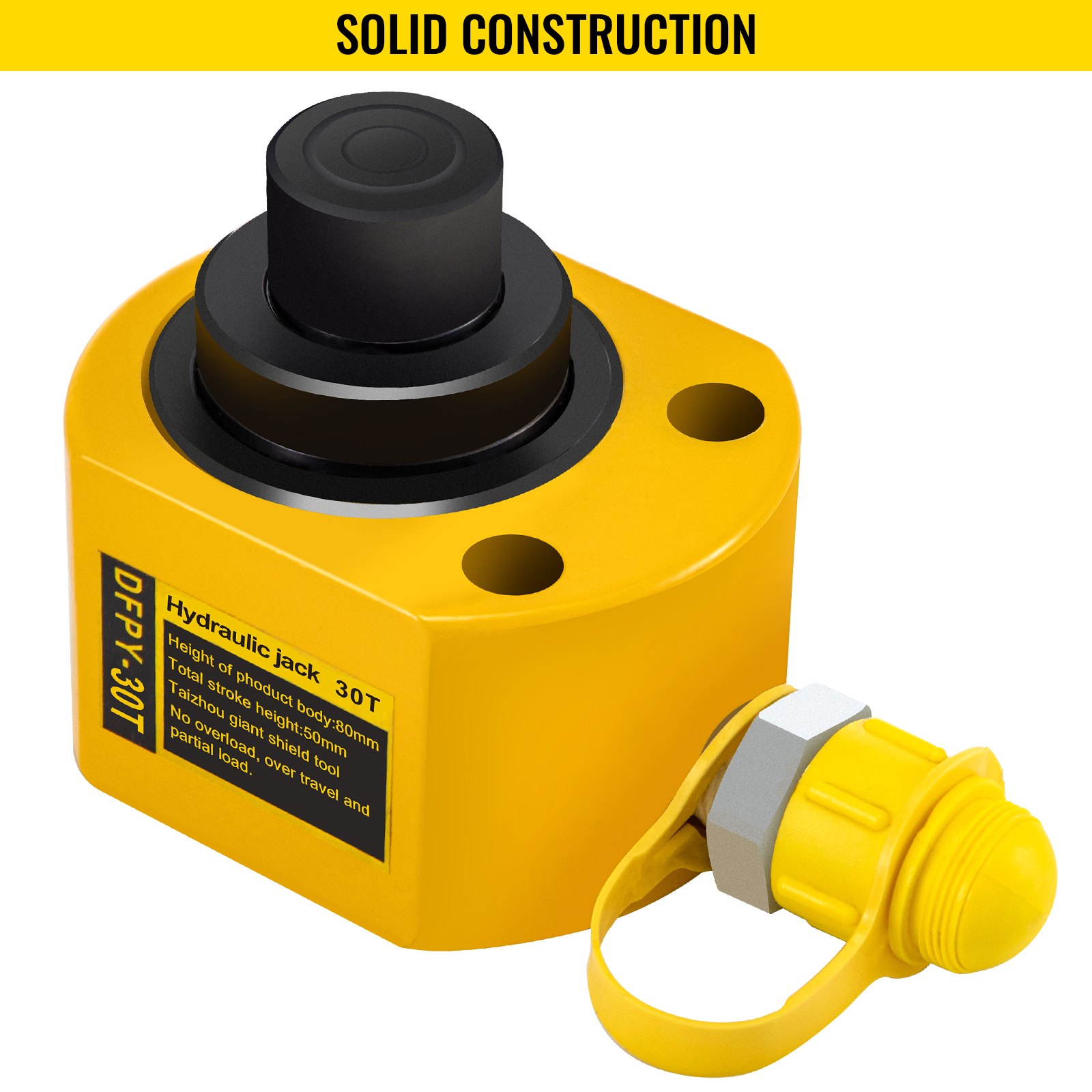 Cilindro hidráulico VEVOR con cuerpo amarillo y pistón negro, etiquetado &quot;30t&quot;.