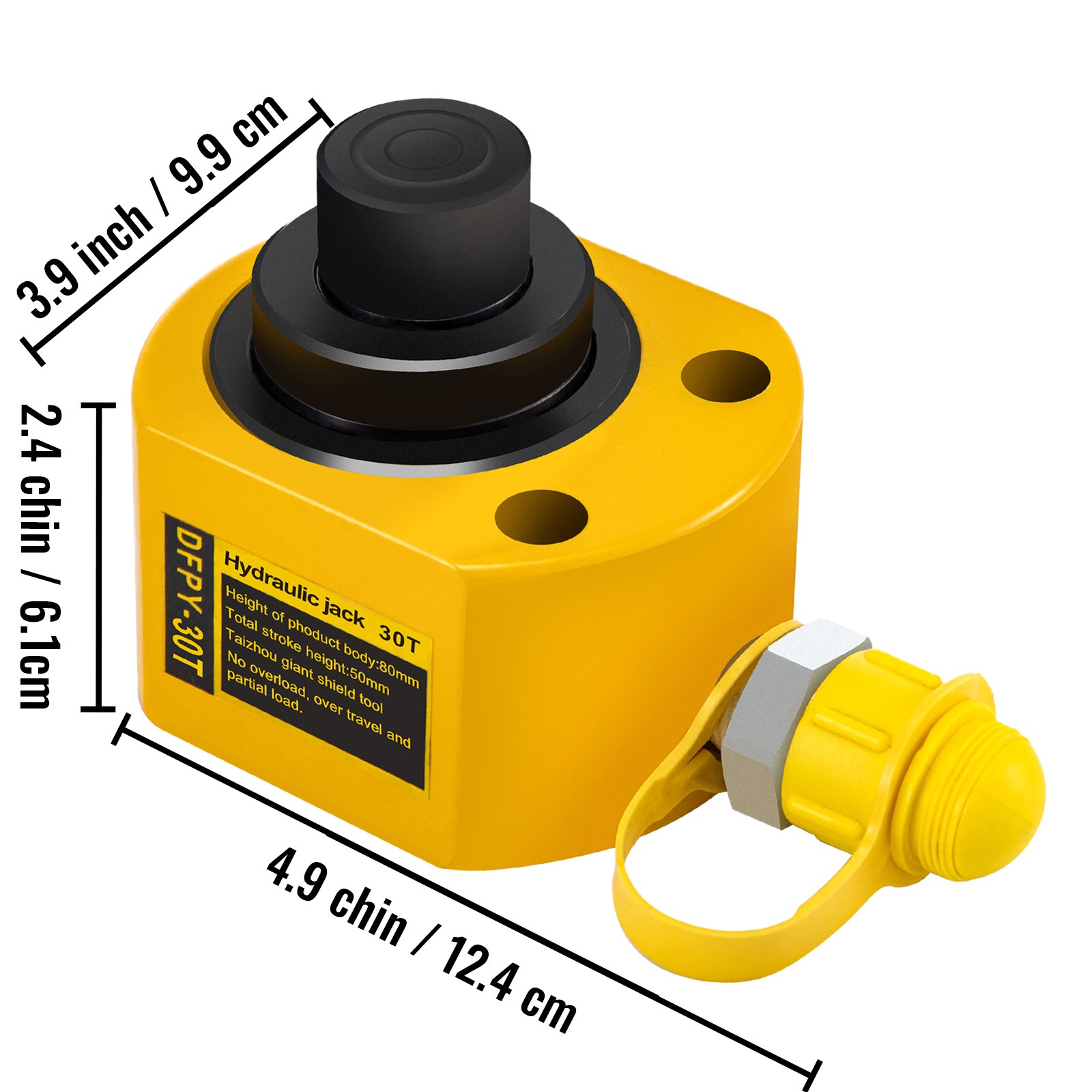 Cilindro hidráulico VEVOR amarillo con dimensiones: 3,9 x 2,4 x 4,9 pulgadas, capacidad de 30 t.