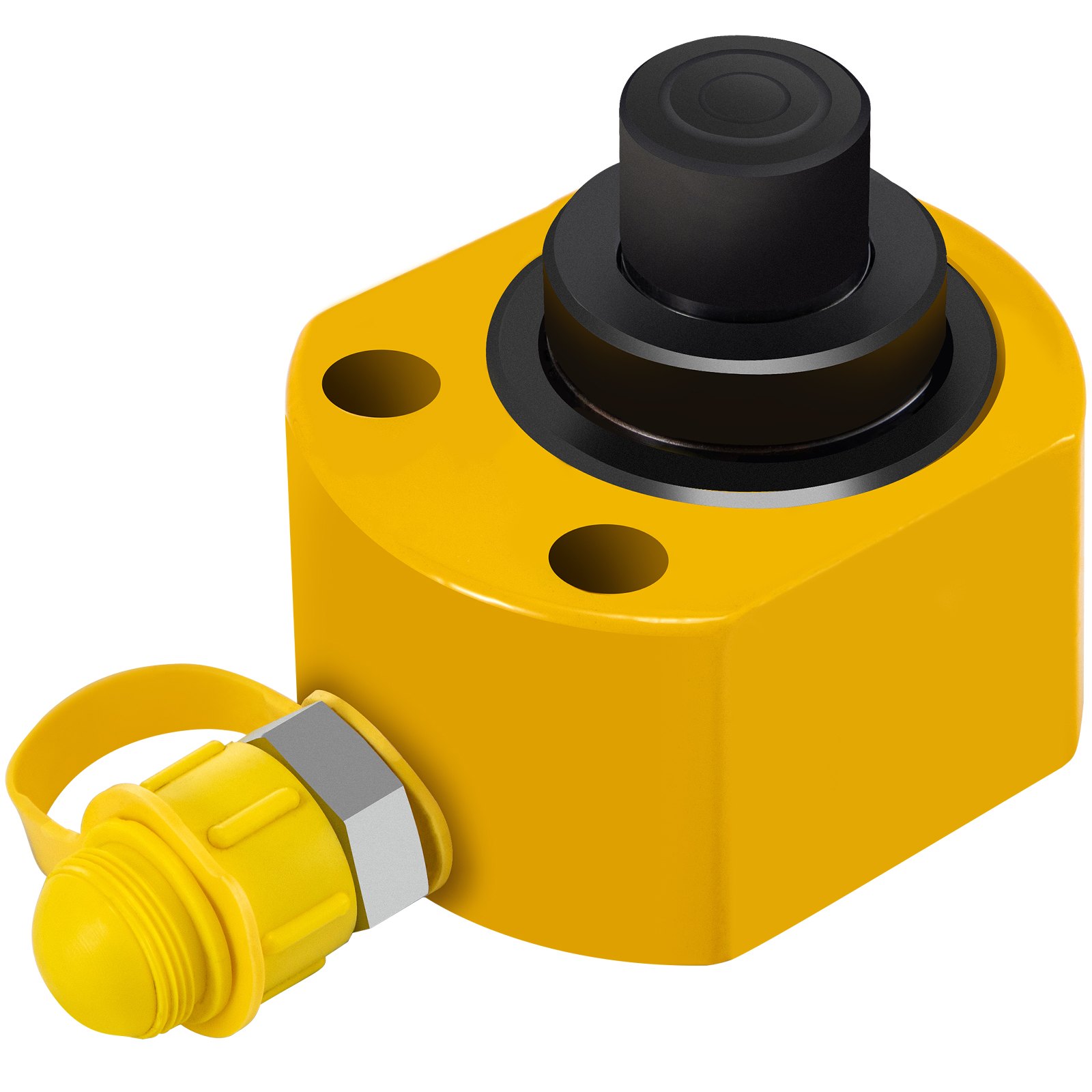 Cilindro hidráulico VEVOR amarillo con conector tapado y pistón negro.