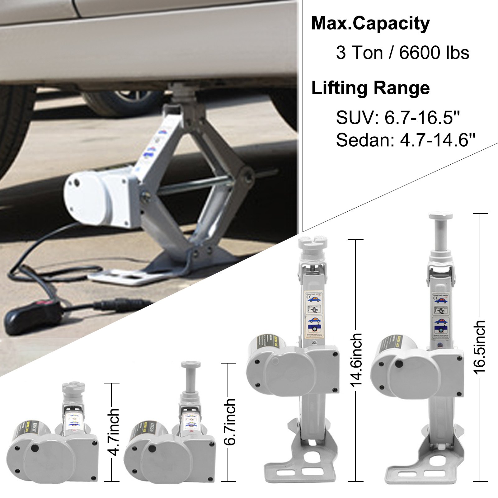 VEVOR Gato eléctrico para automóvil Gato de piso de 3 toneladas 12 V, gato de tijera eléctrico todo en uno, 120-370/170-420 mm Gato elevador de tijera de rango de elevación, herramienta de reparación de automóviles con bomba de inflado, para reparación de sedanes y SUV
