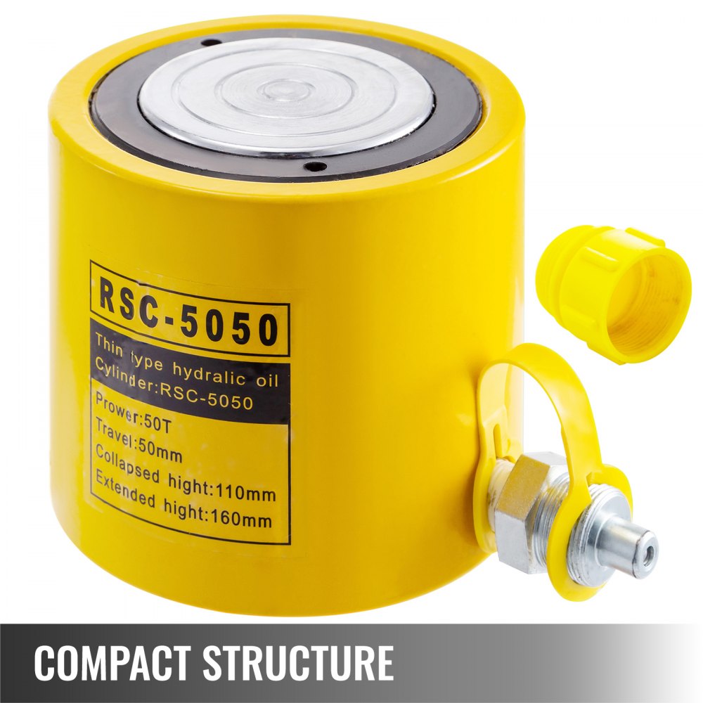 Cilindro hidráulico VEVOR amarillo rsc-5050, 50t de potencia, 50 mm de recorrido. Estructura compacta.