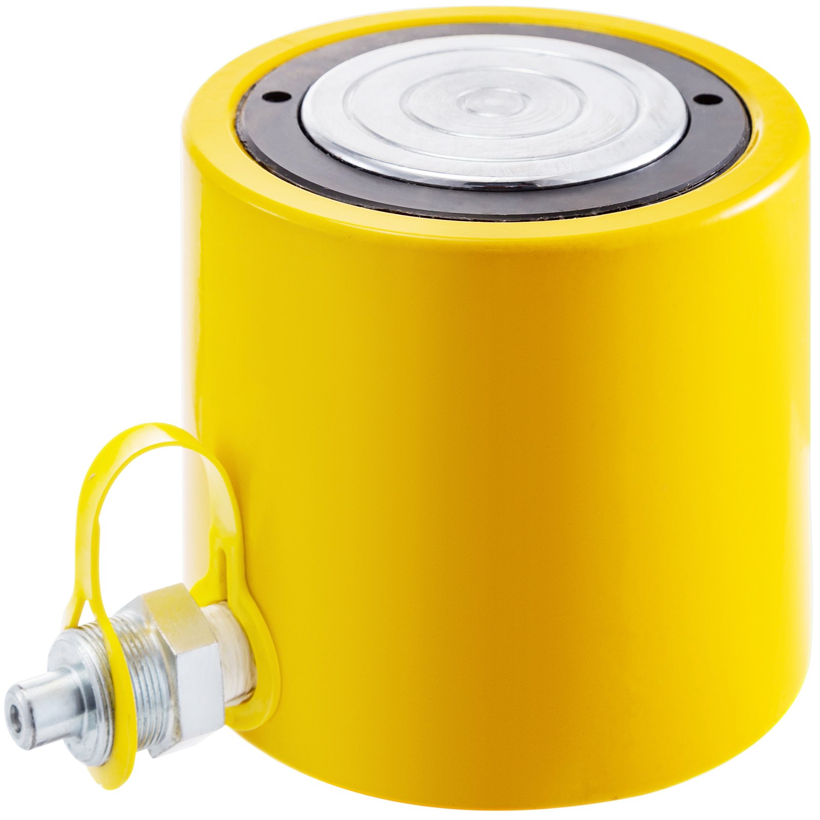 Cilindro hidráulico VEVOR amarillo con accesorio de metal y parte superior redonda plateada.