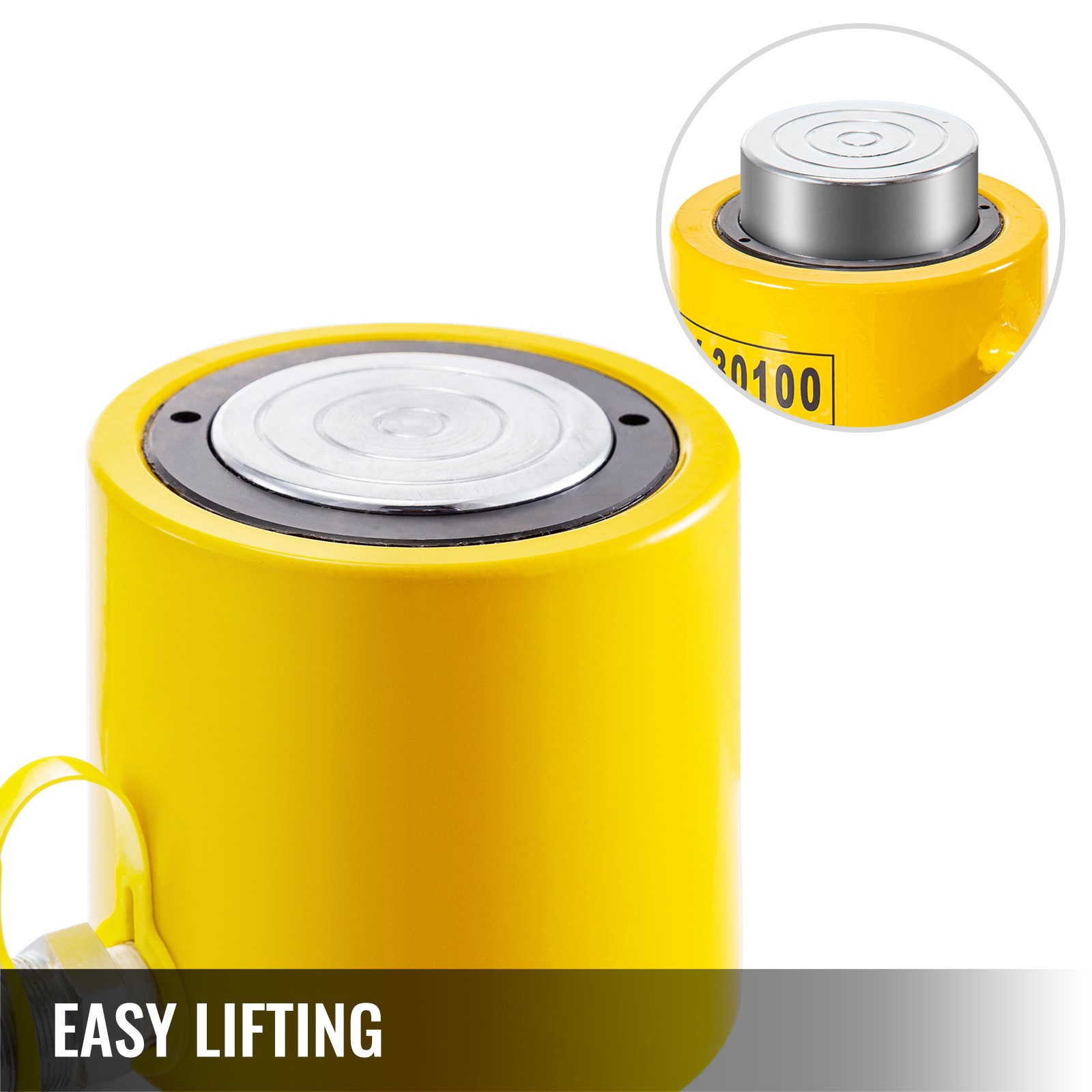 Cilindro hidráulico VEVOR amarillo para fácil elevación con detalle de primer plano.