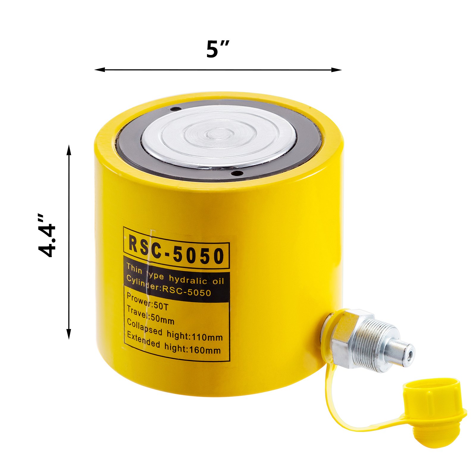 Cilindro hidráulico VEVOR amarillo rsc-5050, dimensiones de 5 pulgadas por 4,4 pulgadas.