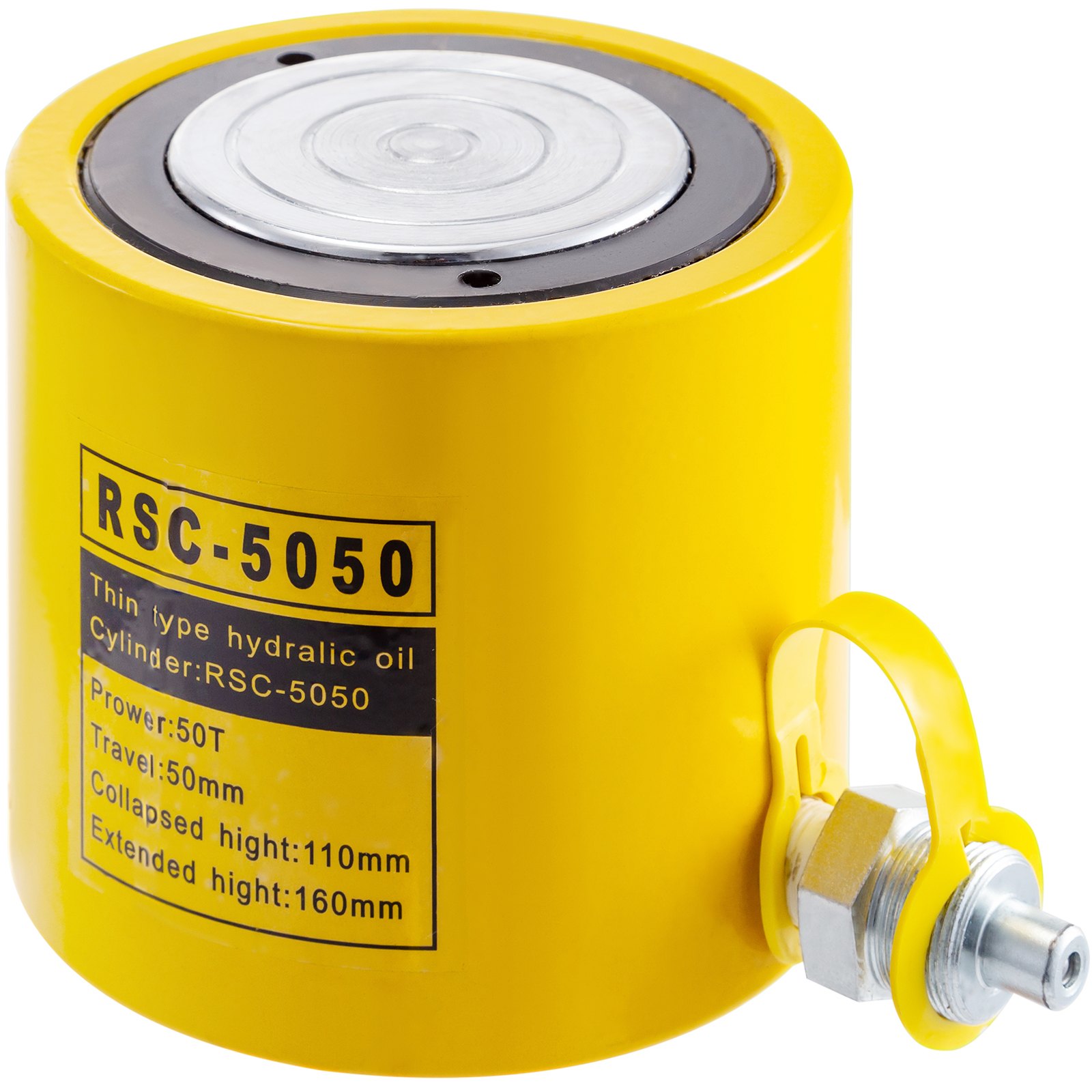 Cilindro hidráulico VEVOR amarillo rsc-5050 con detalles metálicos y especificaciones etiquetadas.