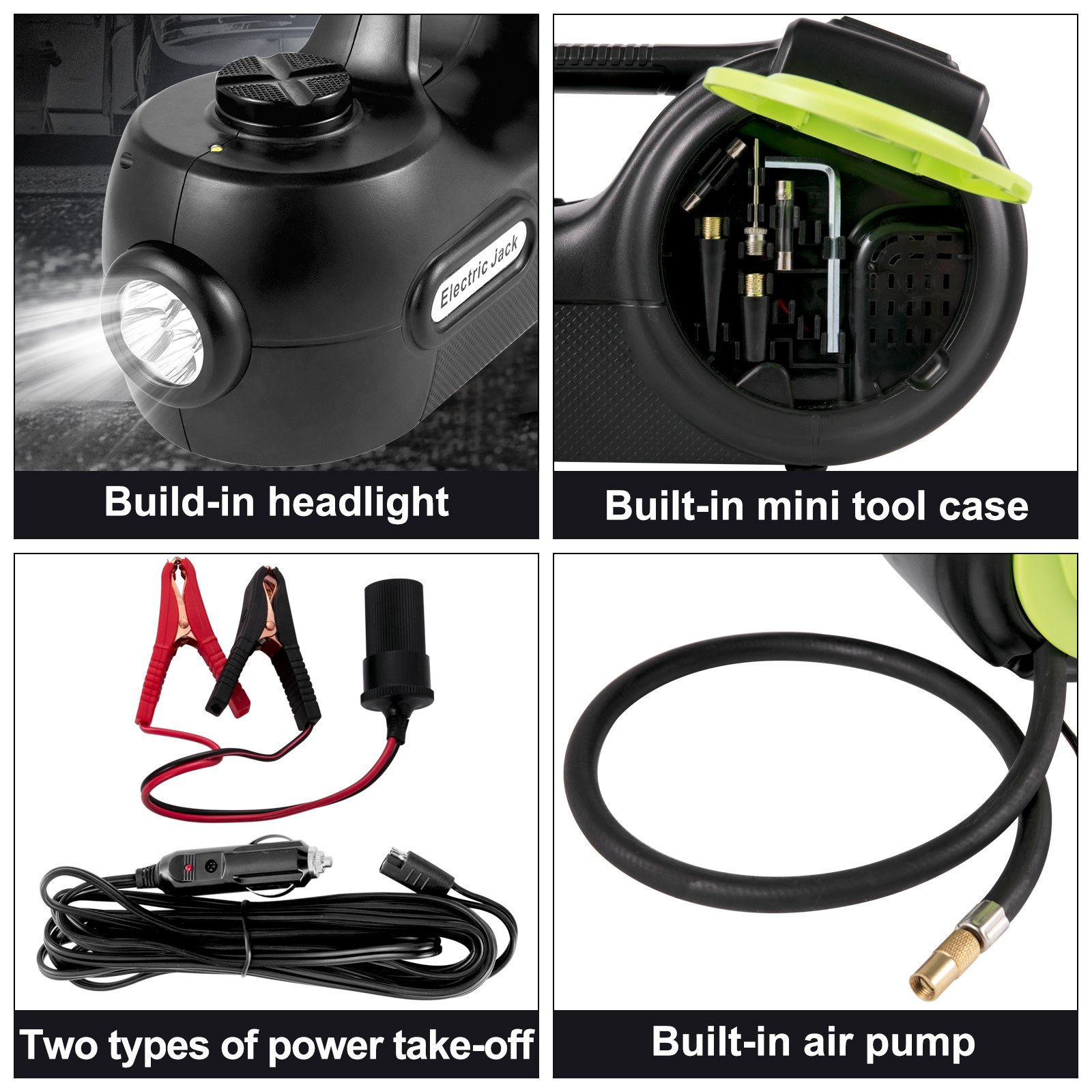 Gato eléctrico para coche VEVOR con faro incorporado, estuche de herramientas, bomba de aire y toma de fuerza.