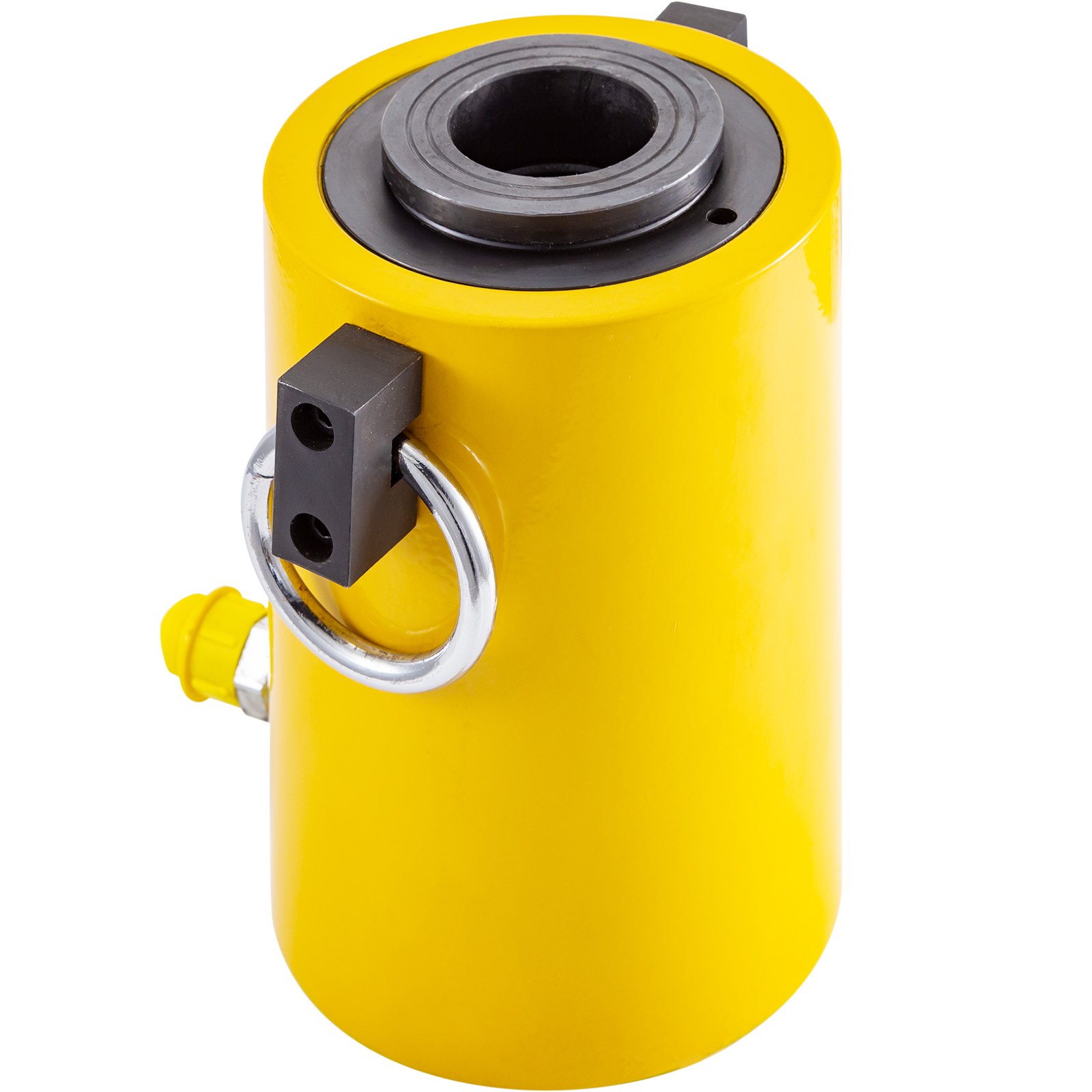 Gato hidráulico de cilindro VEVOR amarillo con presillas metálicas y componentes negros.
