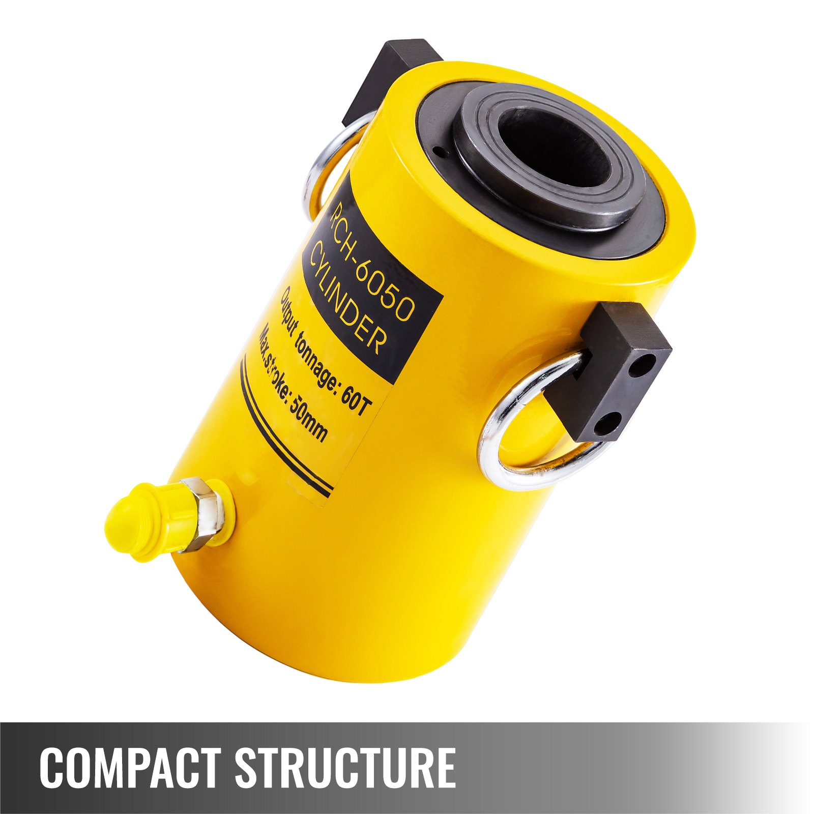 Gato hidráulico de cilindro VEVOR con capacidad de 60t y diseño compacto de color amarillo.