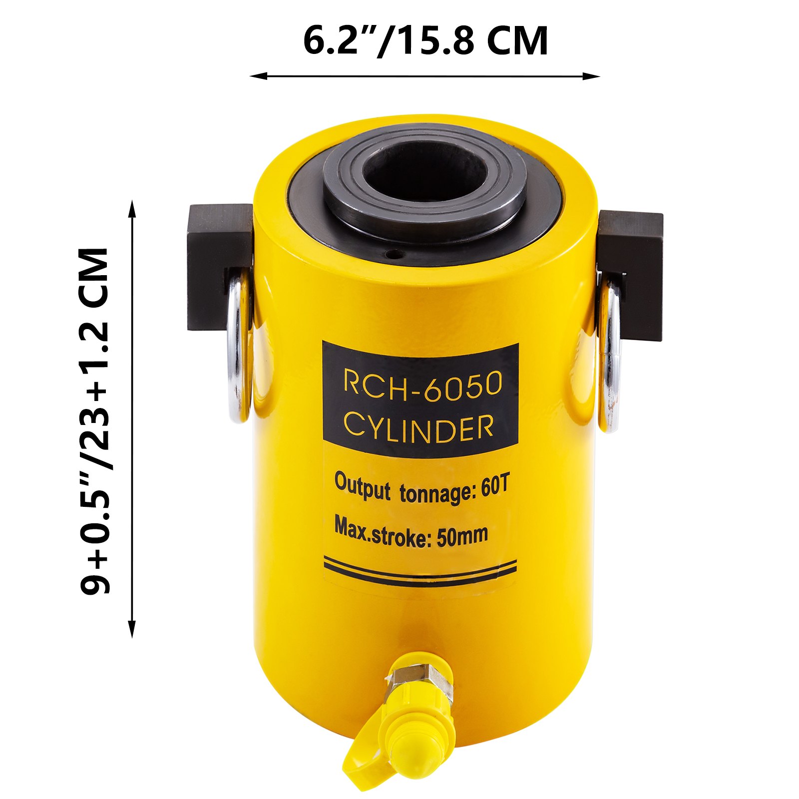 Gato hidráulico de cilindro amarillo VEVOR rch-6050, 60t, dimensiones indicadas.