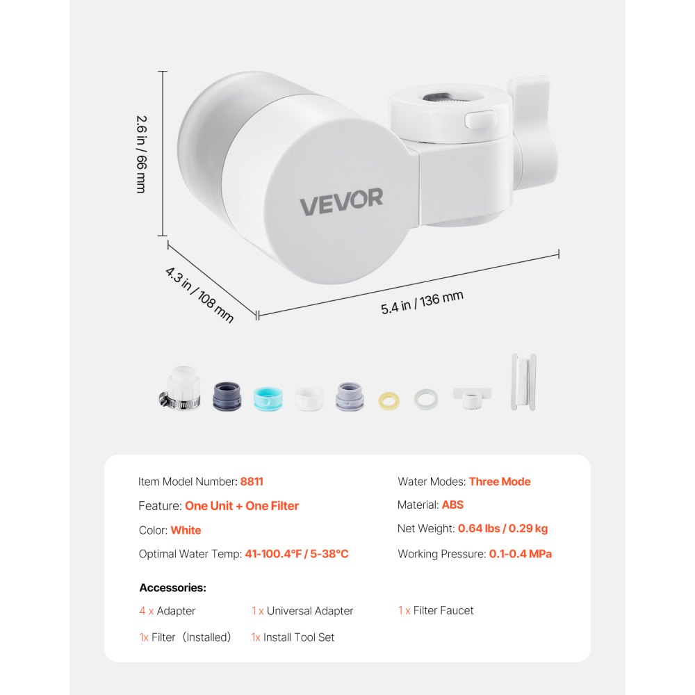 Filtro de agua VEVOR para grifo, purificador de agua horizontal para grifo de fregadero, filtros de fibra de carbono, elimina cloro y plomo con 1 filtro, compatible con la mayoría de grifos de cocina o baño, color blanco