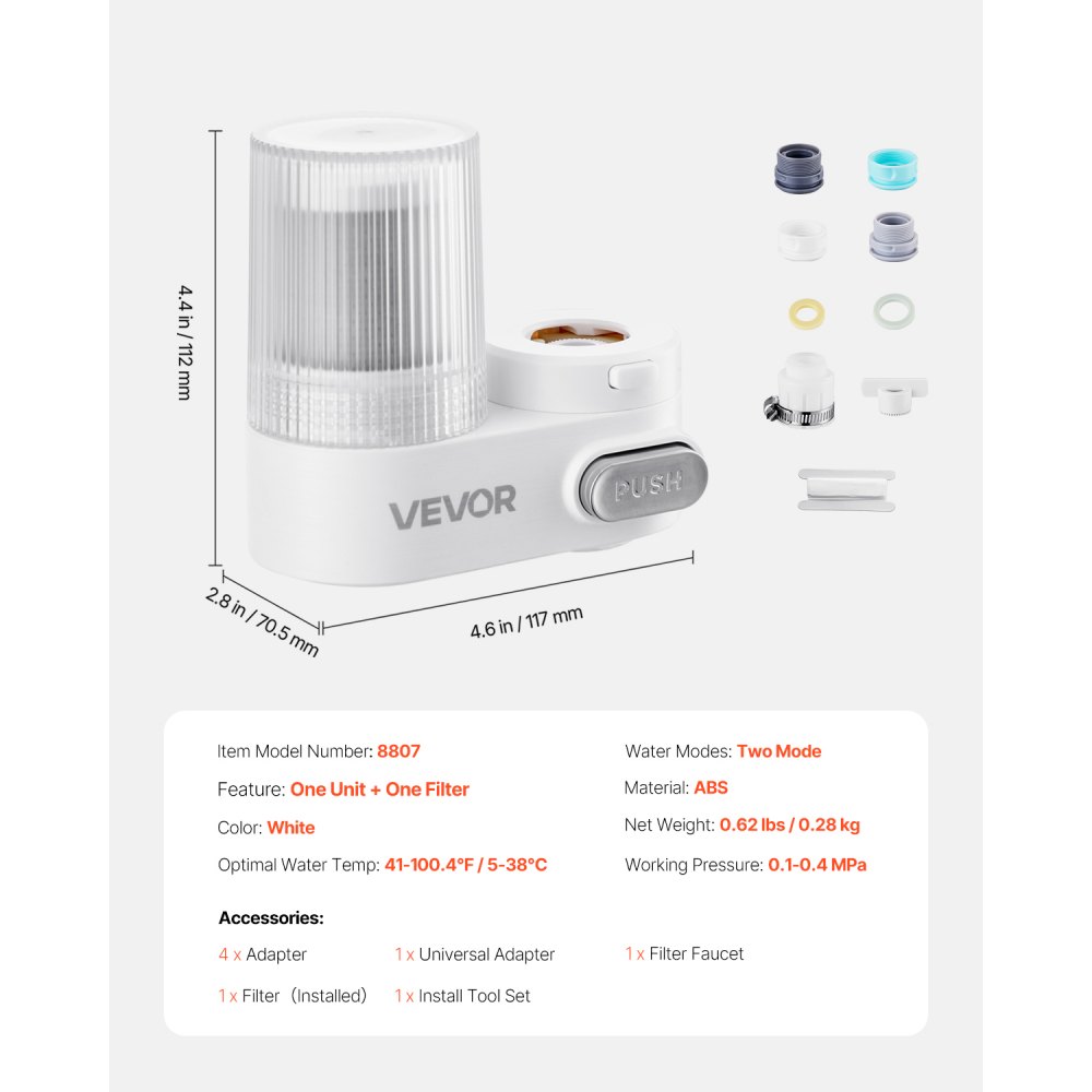 Filtro de agua VEVOR para grifo, purificador de agua vertical para grifo de fregadero, filtros de fibra de carbono, elimina cloro y plomo con 1 filtro, compatible con la mayoría de grifos de cocina o baño, color blanco