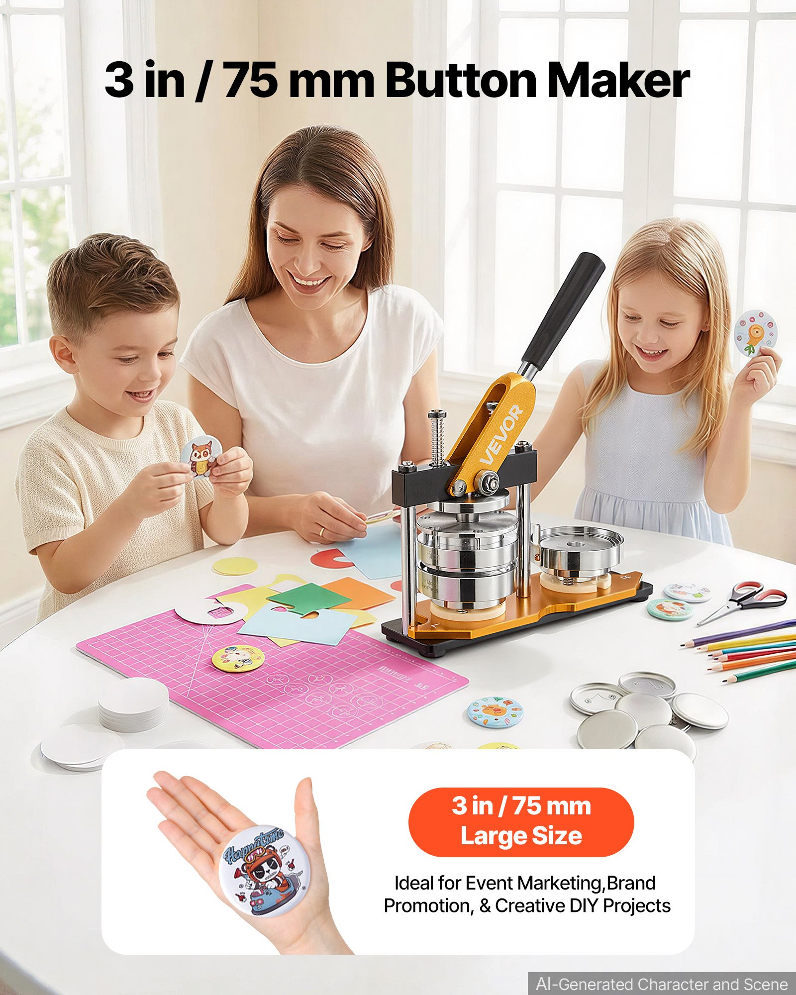 VEVOR Button Maker Machine, 75 mm (3 inch) Badge Punch Press Kit, Children DIY Gifts Pin Maker, Button Making Supplies with 500pcs Button Parts & Circle Cutter & Magic Book