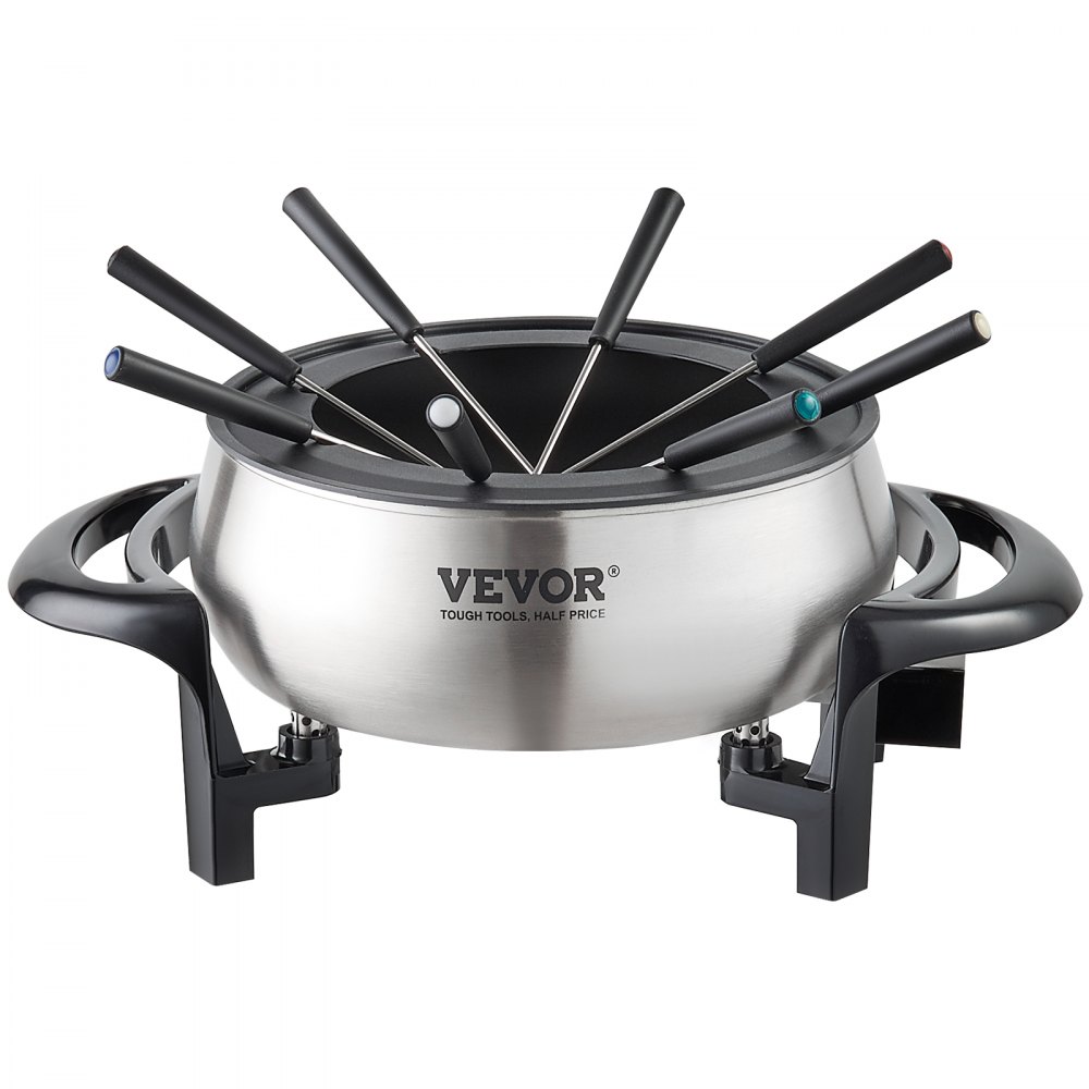 Olla de fondue eléctrica VEVOR con seis tenedores codificados por colores y cuerpo de acero inoxidable sobre soporte negro.