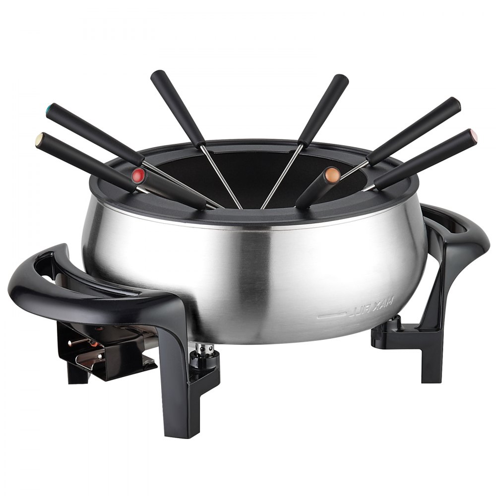 Olla de fondue eléctrica VEVOR con elegante diseño de acero inoxidable y múltiples tenedores con mango negro.