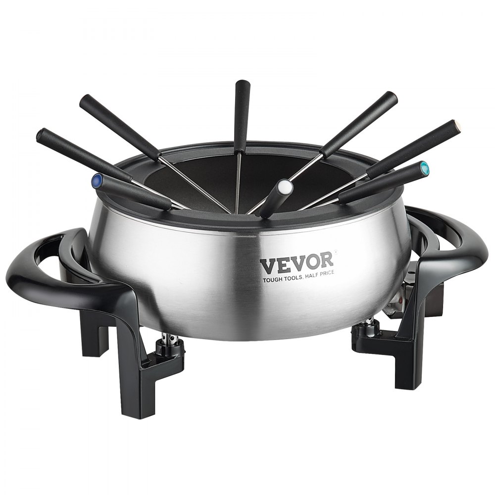 Olla de fondue eléctrica VEVOR con brochetas, acabado en acero inoxidable, asas negras y patas resistentes.