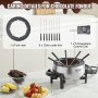 Olla de fondue eléctrica VEVOR con tenedores, rejilla para tenedores, control de temperatura, fruta y chocolate sobre una encimera.