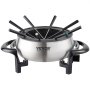 Olla de fondue eléctrica VEVOR con seis tenedores codificados por colores y cuerpo de acero inoxidable sobre soporte negro.