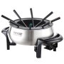 Olla de fondue eléctrica VEVOR con cuerpo de acero inoxidable y seis tenedores de fondue con mango negro en exhibición.