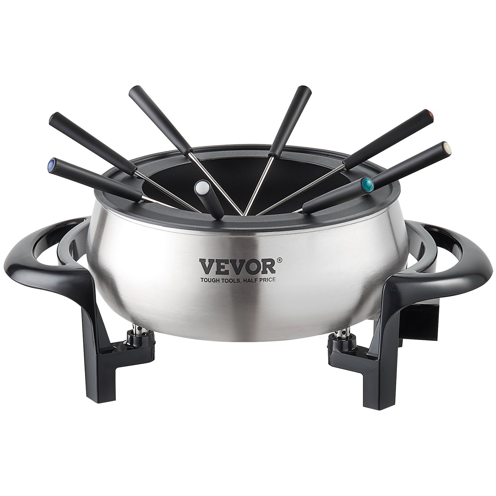 Olla de fondue eléctrica VEVOR con seis tenedores codificados por colores y cuerpo de acero inoxidable sobre soporte negro.