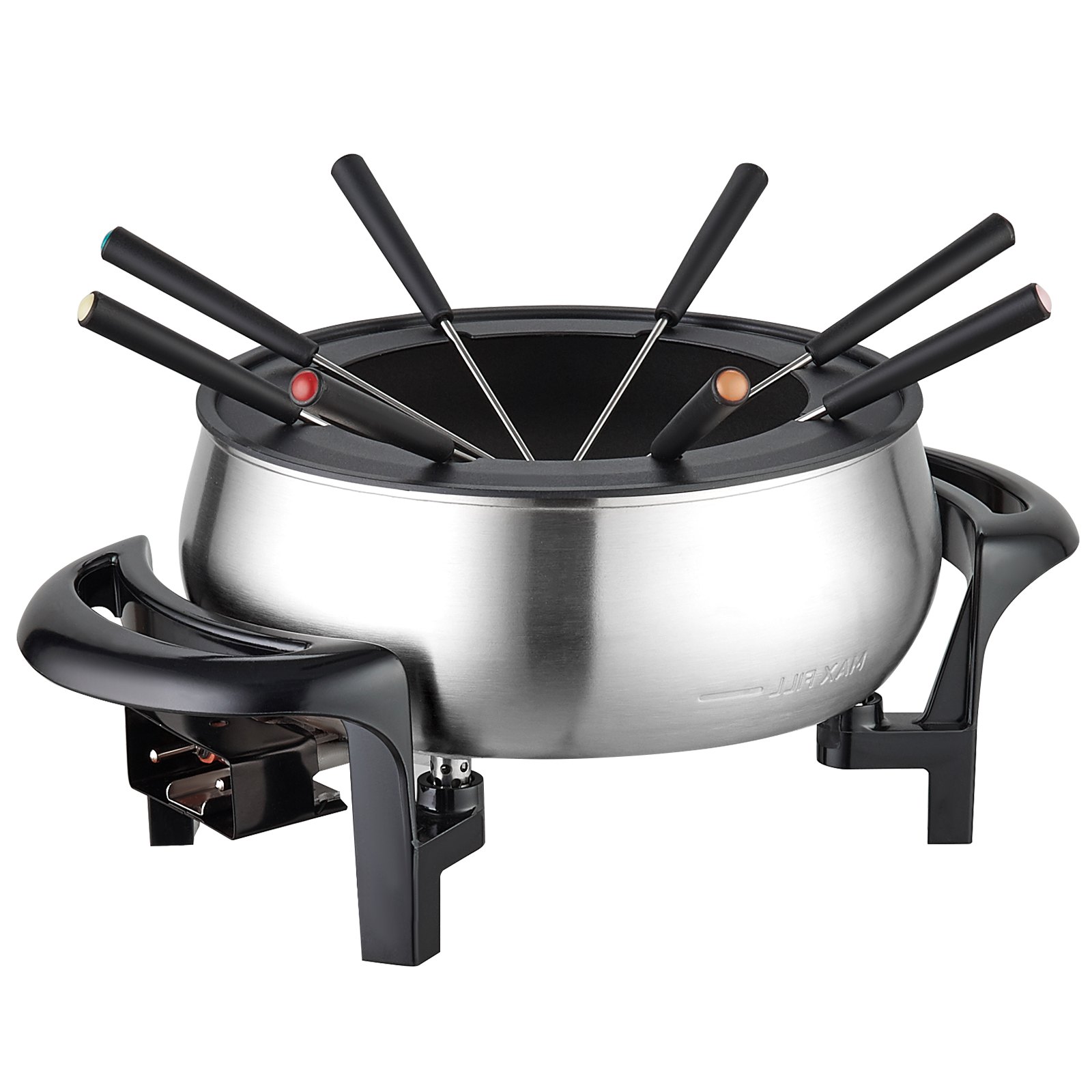 Olla de fondue eléctrica VEVOR con elegante diseño de acero inoxidable y múltiples tenedores con mango negro.