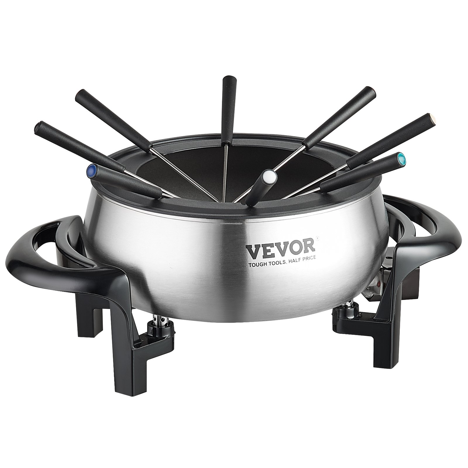 Olla de fondue eléctrica VEVOR con brochetas, acabado en acero inoxidable, asas negras y patas resistentes.