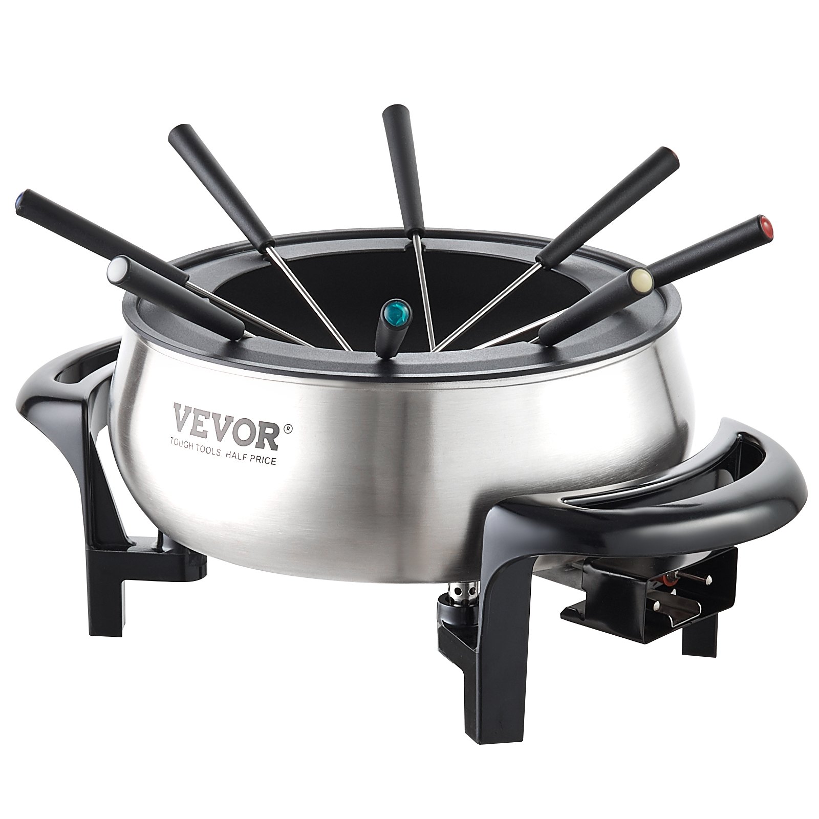 Olla de fondue eléctrica VEVOR con cuerpo de acero inoxidable y seis tenedores de fondue con mango negro en exhibición.