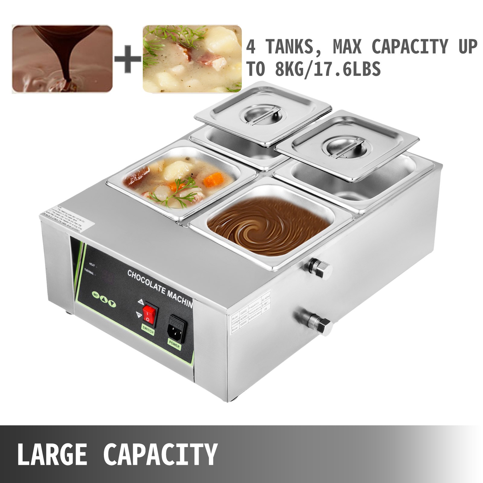 Máquina de templado de chocolate VEVOR de 17,6 libras, máquina de fusión de chocolate con control LED (30 ~ 90 ℃/86 ~ 194 ℉), calentador eléctrico de alimentos comercial de 1000 W para chocolate/leche/crema/sopa derretir y calentar