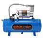 Compresor de aire VEVOR azul de 12 V con manómetro y manguera adjuntos, etiquetado para bocinas de aire de camiones.