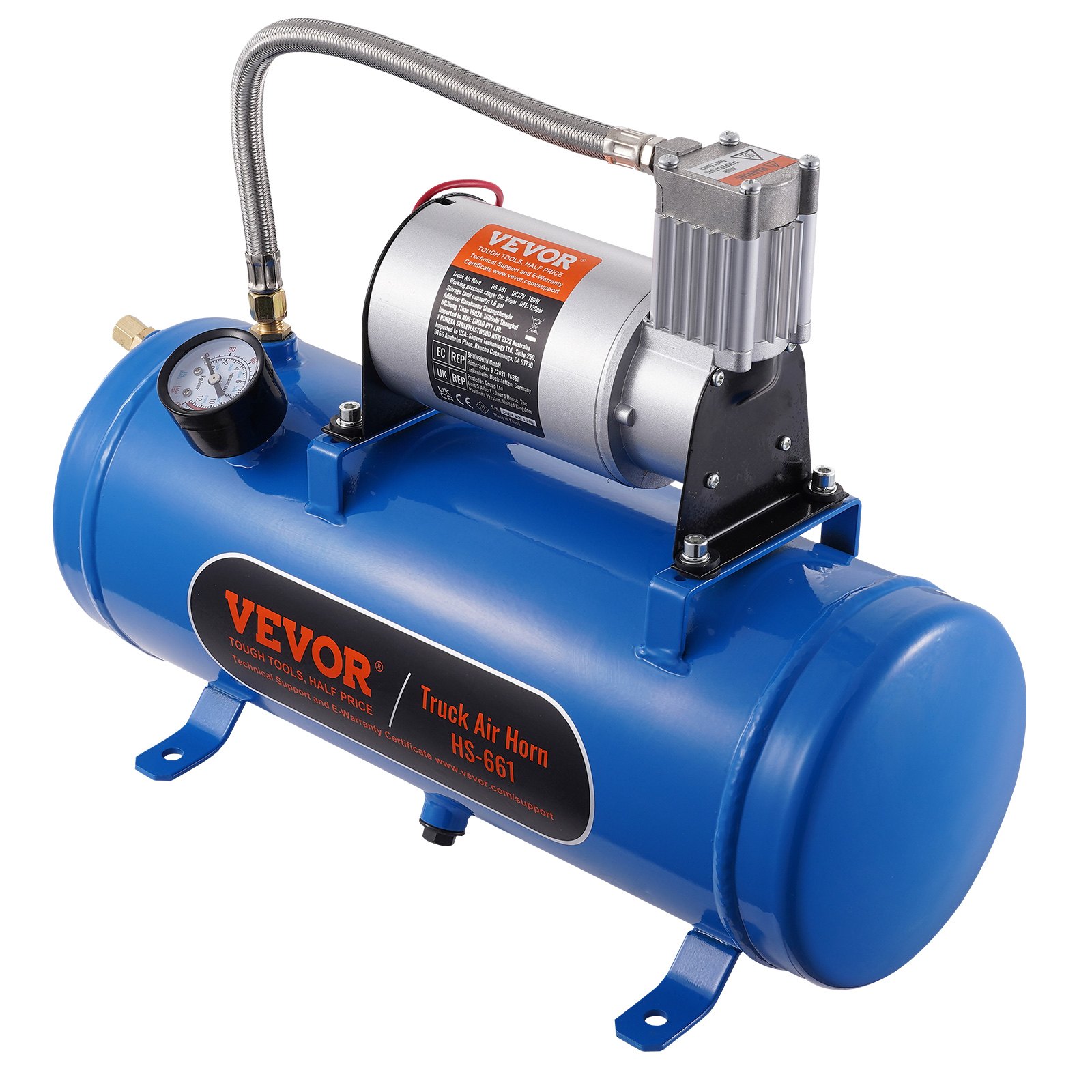 Compresor de aire VEVOR de 12 V con manómetro adjunto, tanque azul y soportes de montaje.