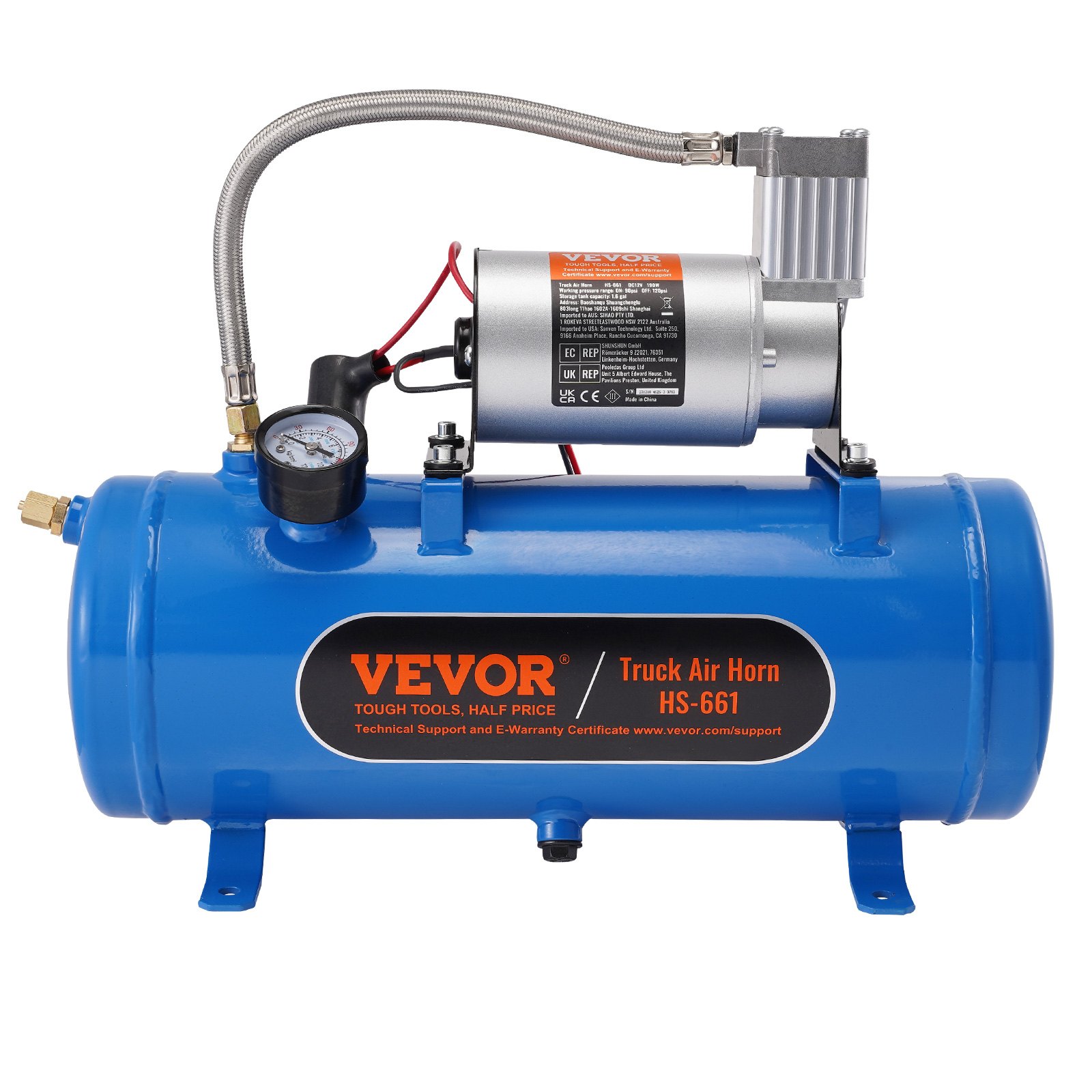 Compresor de aire VEVOR azul de 12 V con manómetro y manguera adjuntos, etiquetado para bocinas de aire de camiones.
